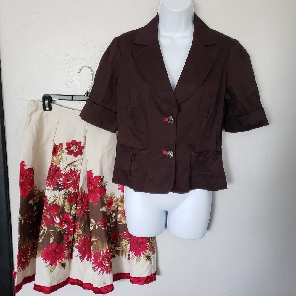 Robbie Bee Women's 8 Two Piece Skirt Suit Set Brown Beige Pink Floral Blazer VTG